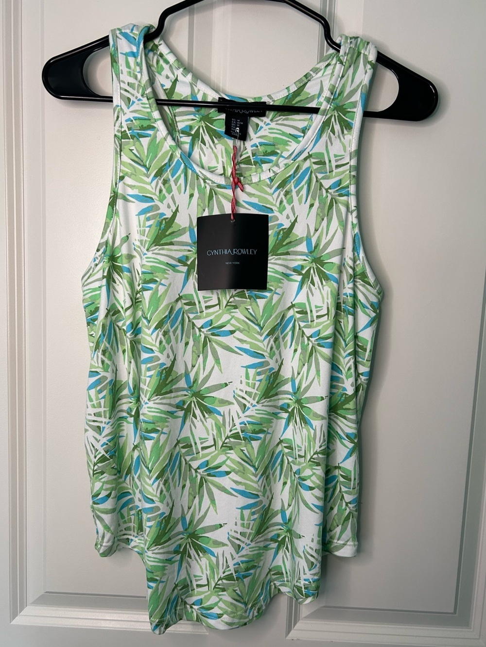 Cynthia Rowley White Tank Top with Green and Blue Leaf Print beach tropical